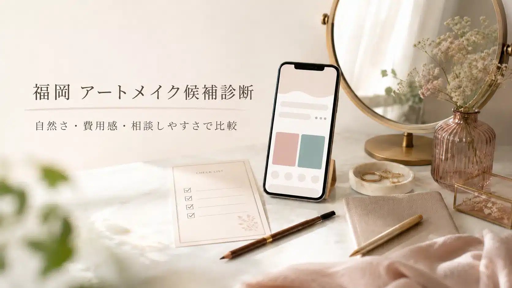 福岡アートメイク候補診断のバナー。鏡、スマートフォン、チェックリスト、眉メイク道具が落ち着いた雰囲気で配置されています。