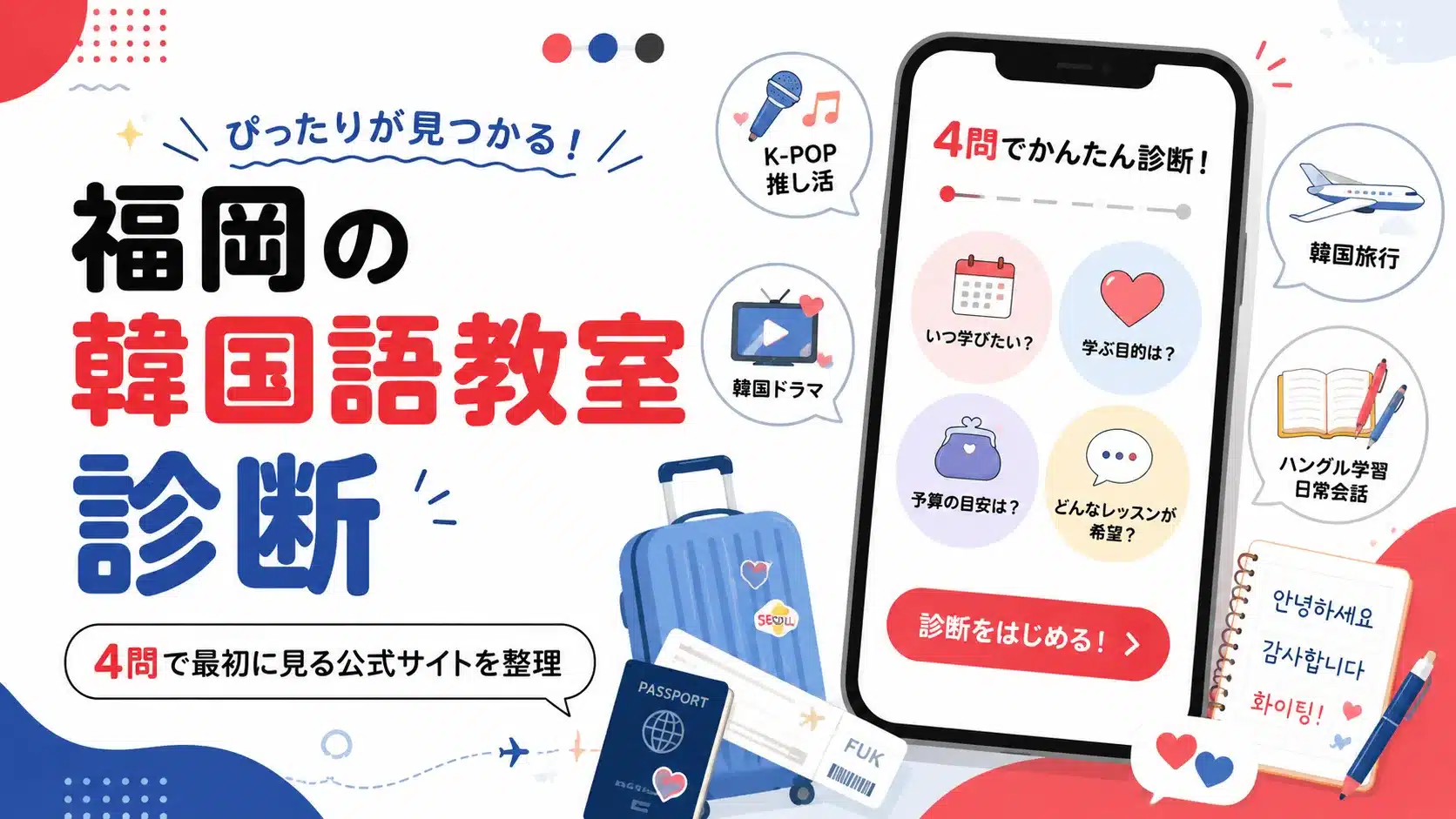 福岡の韓国語教室診断のバナー。旅行、韓国ドラマ、K-POP、ハングル学習を想起するイラストが描かれています。