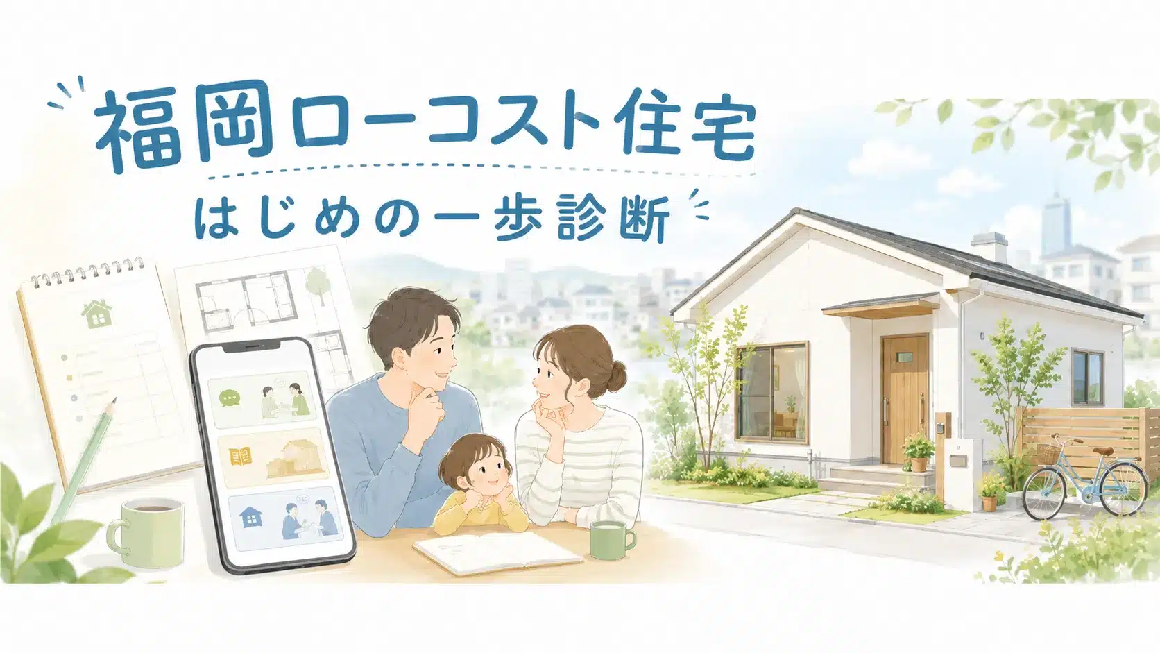 福岡でローコスト住宅を検討する家族が、予算や間取りを相談しながら比べる様子の診断バナー
