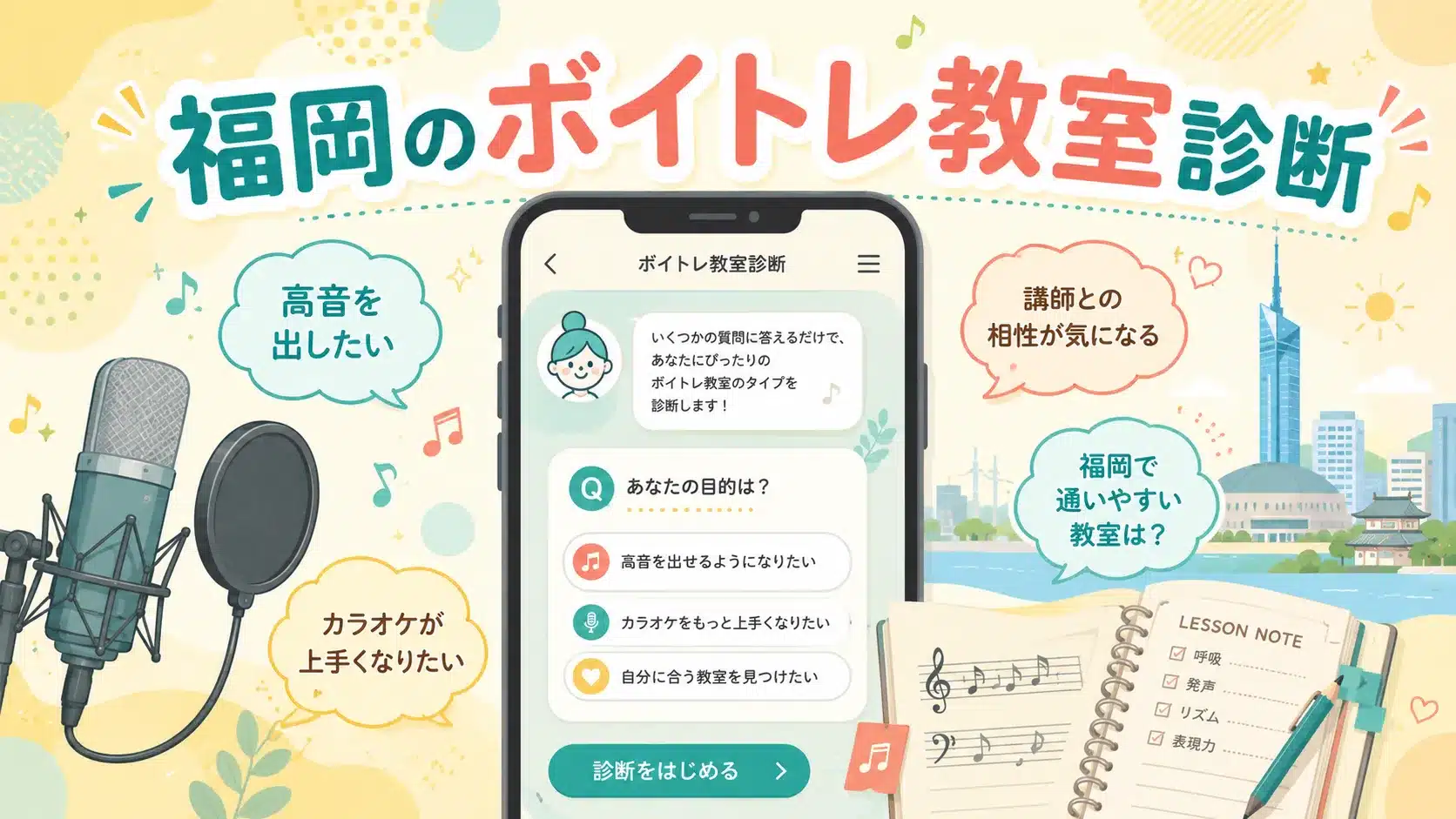 福岡のボイトレ教室診断のバナー。マイク、スマホ、レッスンノートとボイトレの悩みが描かれています。