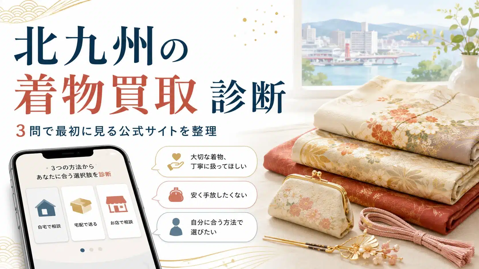 北九州の着物買取診断のバナー。北九州の街並みを背景に、着物や和装小物と診断画面が描かれています。
